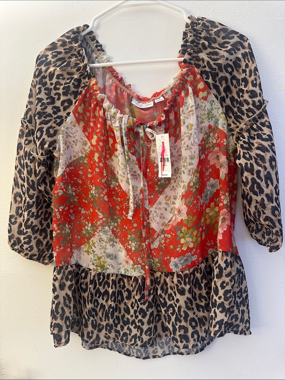 New York & Company Red Floral & Leopard-Print Sheer Boho Peasant Blouse